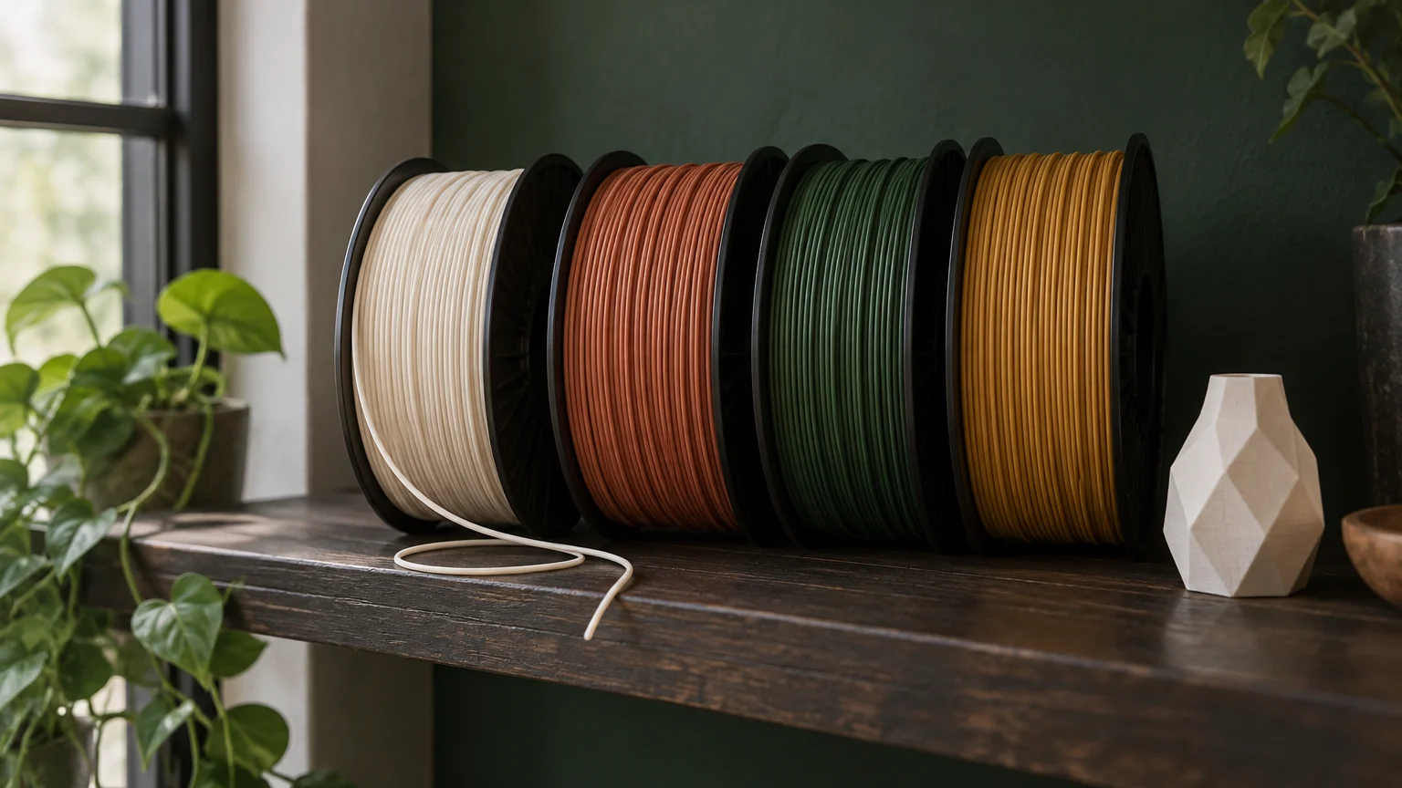 Rafta dört renk filament makarası ve küçük bir baskı parçası